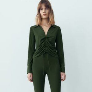 ZARA FLOWY SHIRT & PANTS CO-ORD SET (DARK GREEN)